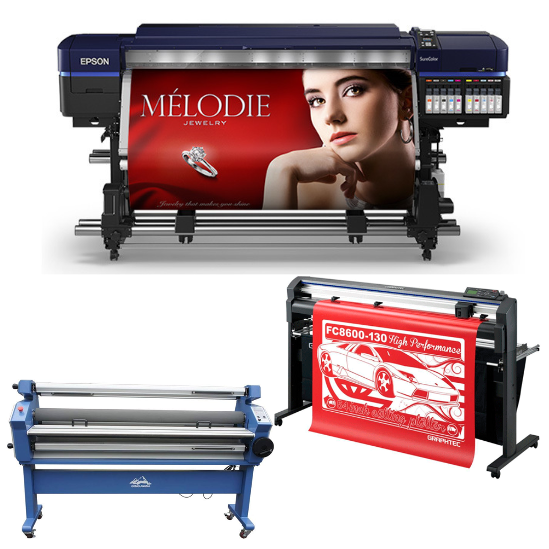 SOLUCIÓN COMPLETA: Impresora solvente Epson Surecolor S80600 Production Edition de 64" (reacondicionada) + Plotter de corte de vinilo Graphtec FC8000-160 de 64" (reacondicionado) + Laminadora en frío Ving de formato ancho de 63" mejorada (nueva)