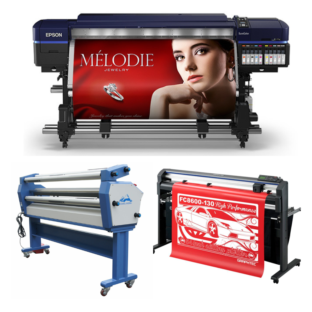 SOLUCIÓN COMPLETA: Impresora solvente Epson Surecolor S80600 Production Edition de 64" (reacondicionada) + Plotter de corte de vinilo Graphtec FC8000-160 de 64" (reacondicionado) + Laminadora en frío Ving de formato ancho de 63" mejorada (nueva)