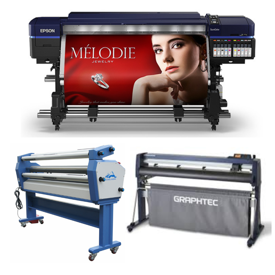 SOLUCIÓN COMPLETA: Impresora solvente Epson Surecolor S80600 Production Edition de 64" (reacondicionada) + Plotter de corte de vinilo Graphtec FC8000-160 de 64" (reacondicionado) + Laminadora en frío Ving de formato ancho de 63" mejorada (nueva)