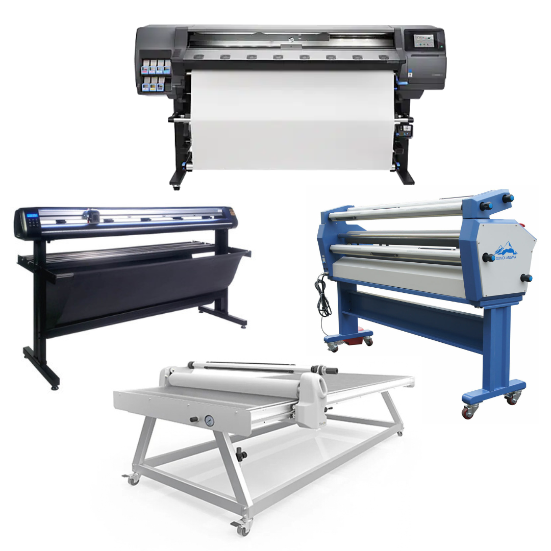 COMPLETE SOLUTION - HP Latex 360 64" Printer - Refurbished (1 Year Warranty) + 65" Vinyl Cutter with ARMS Contour Cutting &amp; Barcode Job Management - MH300 - New + 63" Cold Laminator, with Heat Assisted + 51" x 98" Flatbed Lamination Table