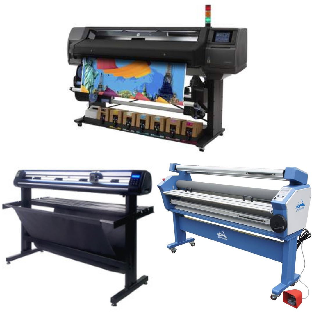 COMPLETE SOLUTION - HP Latex 570 64" - Refurbished (90 Days, 1, 2, 3 or 4 Years Warranty) + 53" Vinyl Cutter Machine with ARMS Contour Cutting &amp; Barcode Job Management (MH300)+ 55" Full-Auto Wide Format Cold Laminator with Heat Assisted