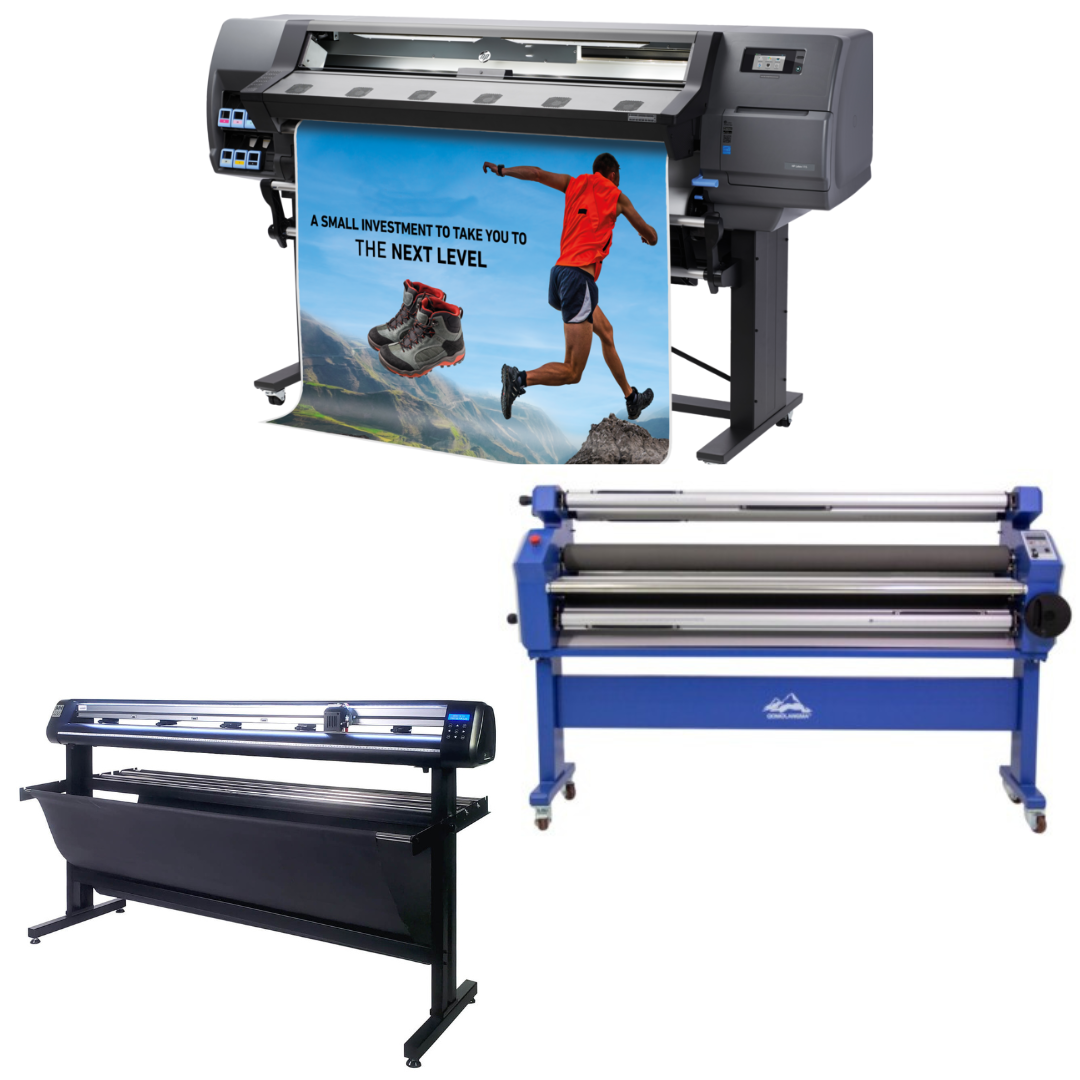 COMPLETE SOLUTION - HP Latex 330 Printer - Refurbished (90 Days, 1, 2, 3 or 4 Years Warranty) + 63" Wide Format Cold Laminator, with Heat Assisted - New + 65" Vinyl Cutter Machine with ARMS Contour Cutting (MH200) - New + Flexi RIP Software