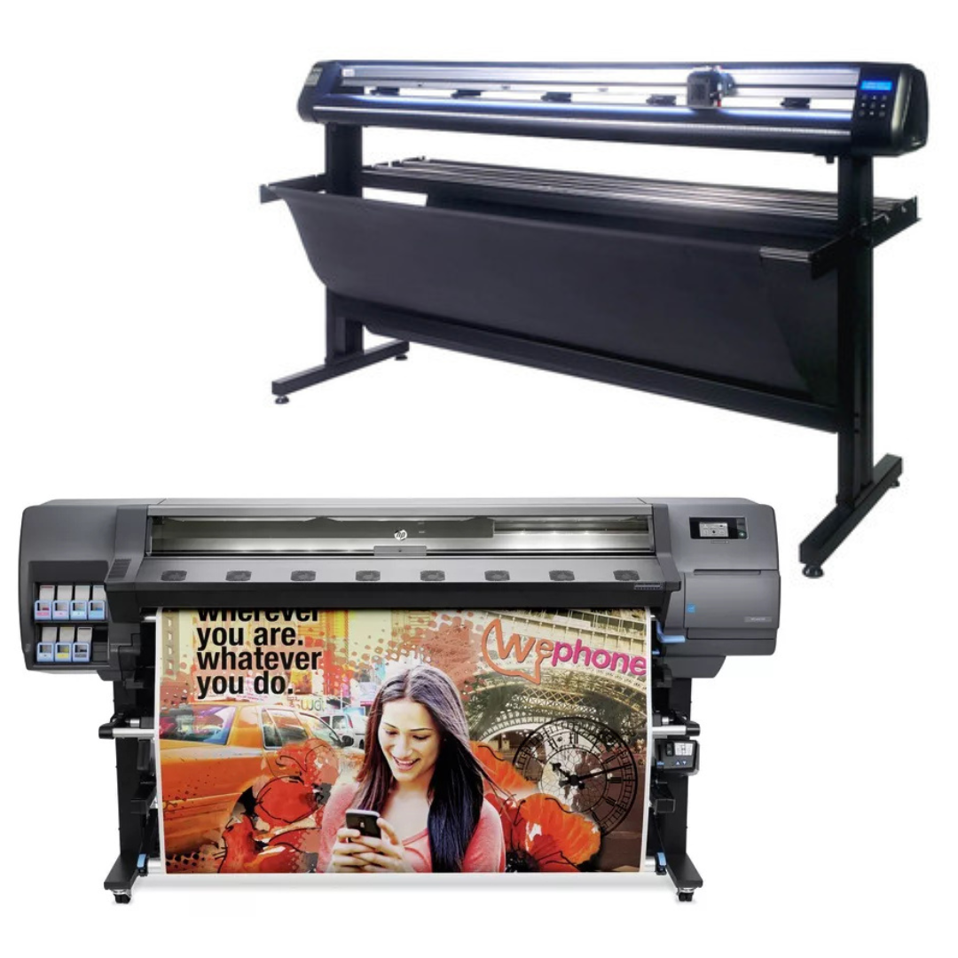 BUNDLE - HP Latex 330 64" Printer - Refurbished (90 Days Warranty) + 65" Professional Vinyl Cutter Machine with ARMS Contour Cutting, Barcode Workflow, and Vacuum Hold-Down - MH400 / New