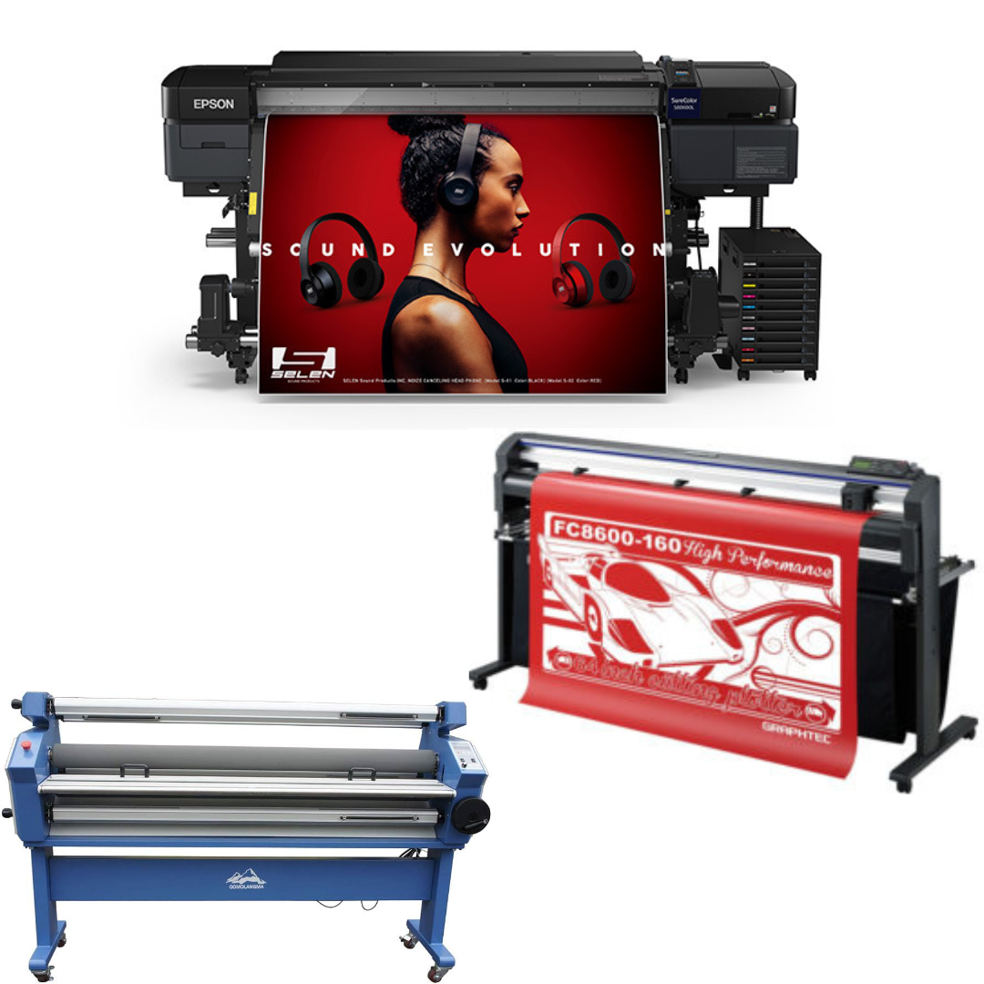SOLUCIÓN COMPLETA - Impresora solvente Epson SureColor S80600L de 64" + Plotter de corte de vinilo Graphtec FC8000-160 de 64" - Reacondicionado + Laminadora en frío de formato ancho totalmente automática de 63", con asistencia térmica