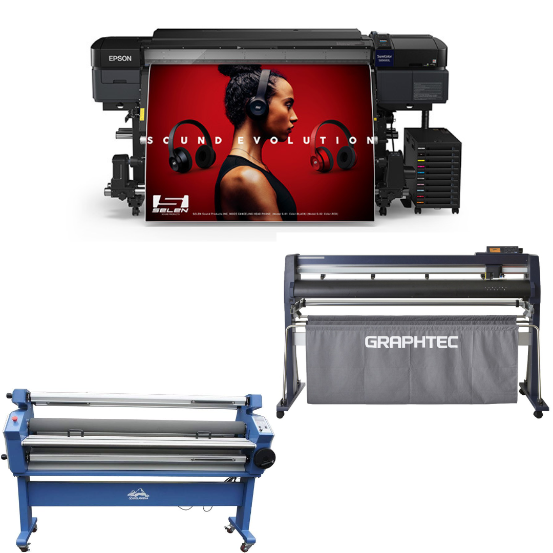 SOLUCIÓN COMPLETA - Impresora solvente Epson SureColor S80600L de 64" + Plotter de corte de vinilo Graphtec FC8000-160 de 64" - Reacondicionado + Laminadora en frío de formato ancho totalmente automática de 63", con asistencia térmica