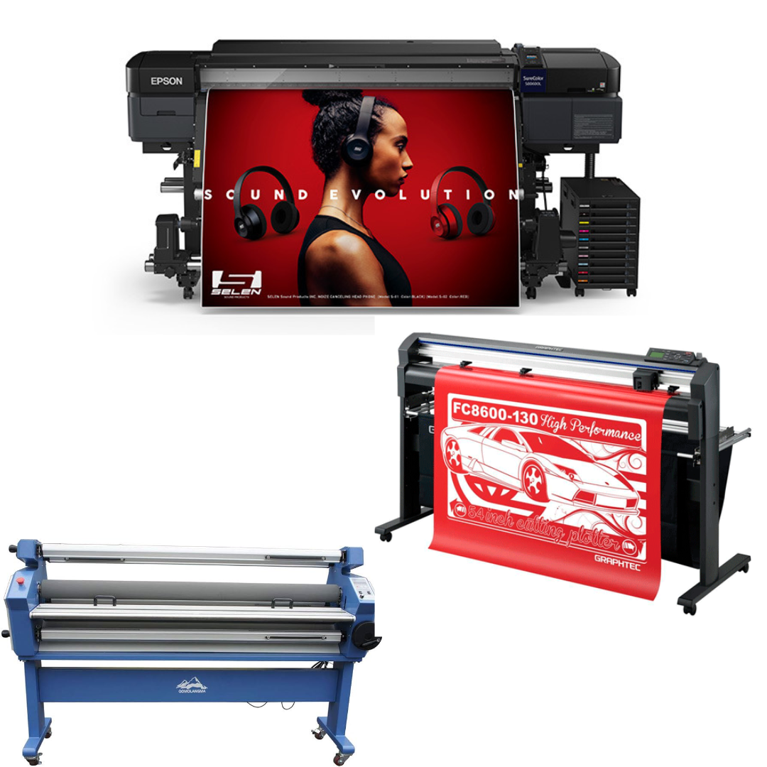 SOLUCIÓN COMPLETA - Impresora solvente Epson SureColor S80600L de 64" + Plotter de corte de vinilo Graphtec FC8000-160 de 64" - Reacondicionado + Laminadora en frío de formato ancho totalmente automática de 63", con asistencia térmica