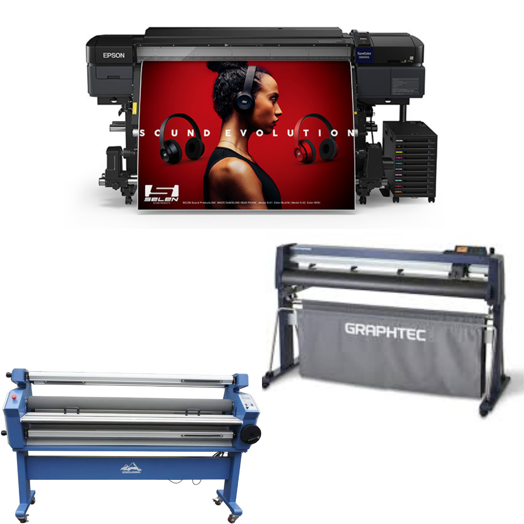 SOLUCIÓN COMPLETA - Impresora solvente Epson SureColor S80600L de 64" + Plotter de corte de vinilo Graphtec FC8000-160 de 64" - Reacondicionado + Laminadora en frío de formato ancho totalmente automática de 63", con asistencia térmica