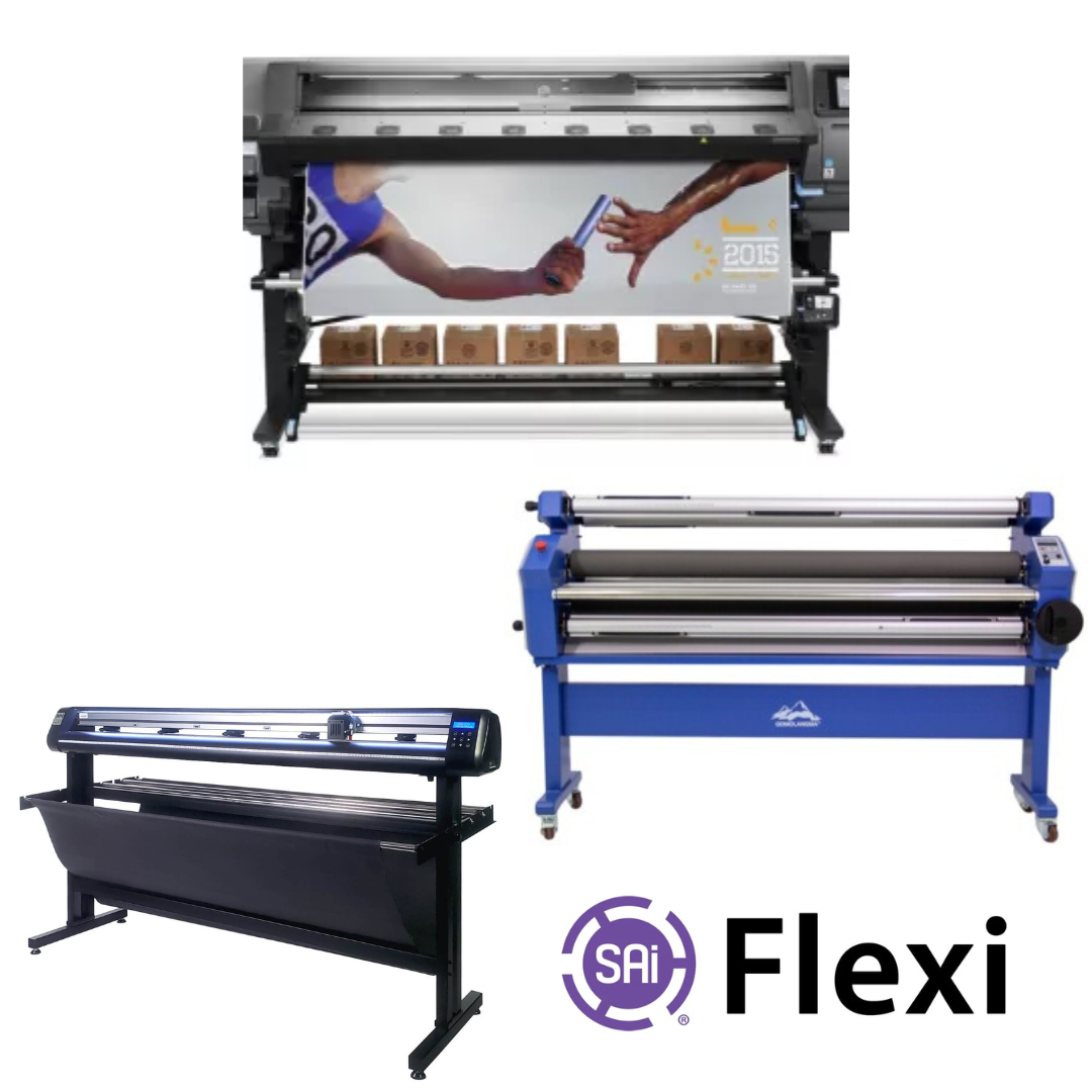 COMPLETE SOLUTION - HP Latex 370 64" Printer - Refurbished (90 Days, 1, 2, 3 or 4 Y/Warranty) + 63" Full-auto Cold Laminator, with Heat Assisted - New + 65" Vinyl Cutter with ARMS Contour Cutting, Barcode, and Vacuum Hold-Down (MH400) + Flexi RIP Software