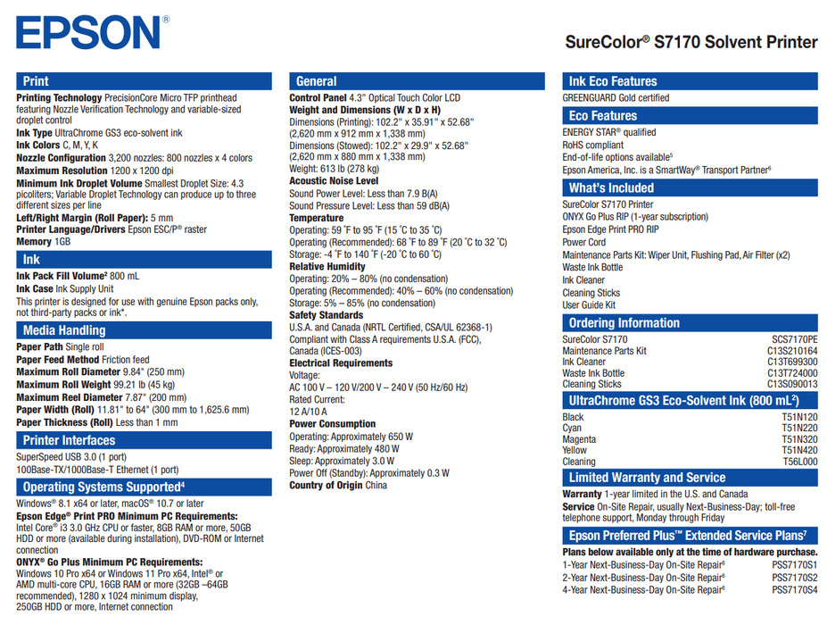 Impresora solvente Epson SureColor S7170 de 64" Production Edition
