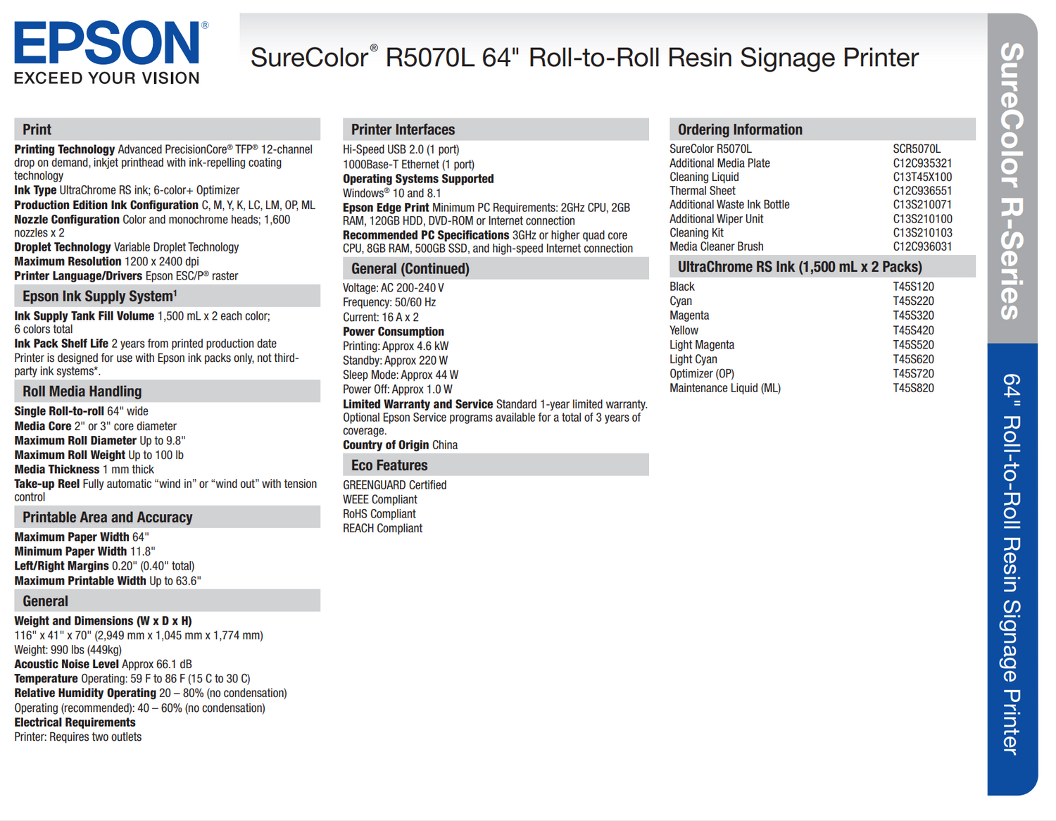 Impresora de señalización de resina Epson SureColor R5070L de 64&quot; (rollo a rollo) - UNIDAD DE DEMOSTRACIÓN
