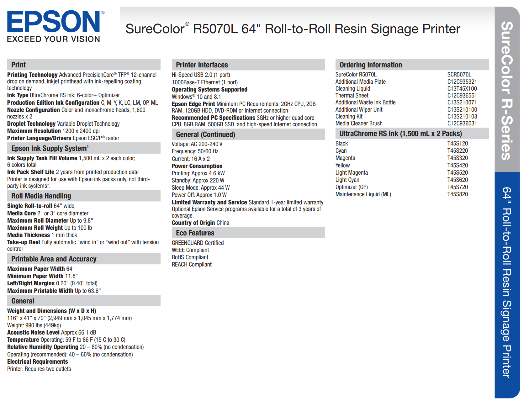 Impresora de señalización de resina Epson SureColor R5070L de 64&quot; (rollo a rollo) - UNIDAD DE DEMOSTRACIÓN
