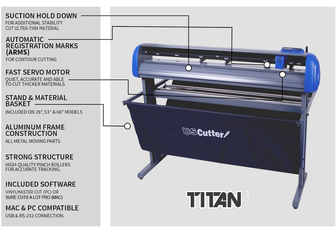 Cortadora de vinilo USCutter TITAN-3 (ARMS) de 28" con soporte, cesta y software de corte VinylMaster - Nueva + 2 años de garantía