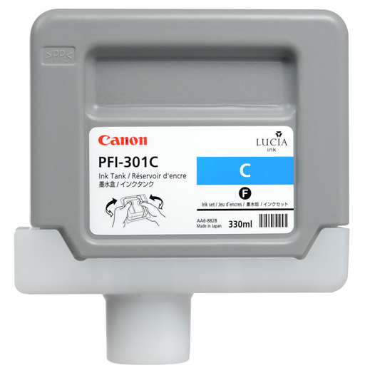 Tanque de tinta cian Canon PFI-301C (330 ml) para imagePROGRAF iPF8000, iPF8000S, iPF8100, iPF9000, iPF9000S, iPF9100 - 1487B001AA