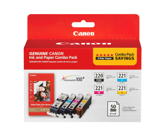 Paquete de tintas combinado Canon PGI-220/CLI-221 con papel fotográfico PP-201 - 2945B011