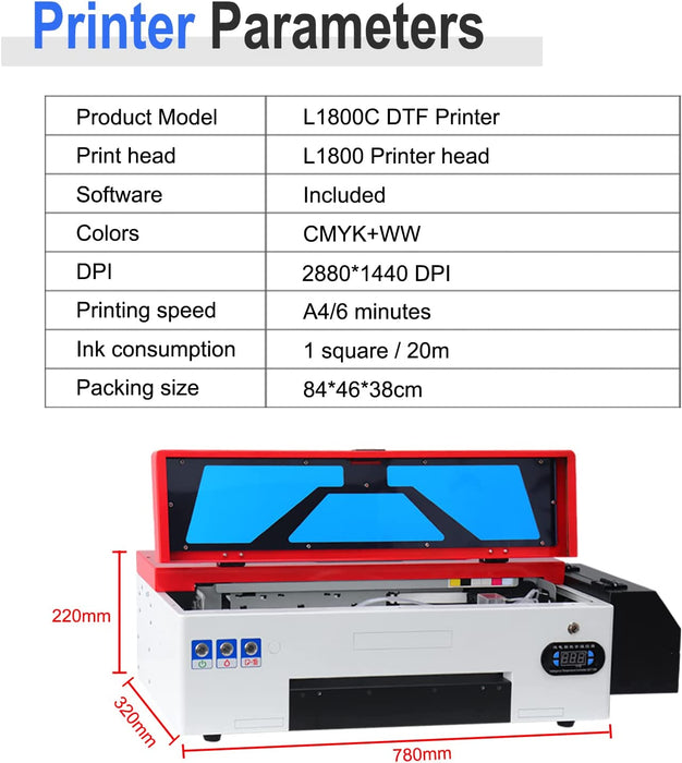 Impresora de transferencia DTF L1800 con alimentador de rollos, impresión directa a película con precalentamiento, impresora DTF A3 para imprimir camisetas, sudaderas y telas (impresora DTF A3 + horno)