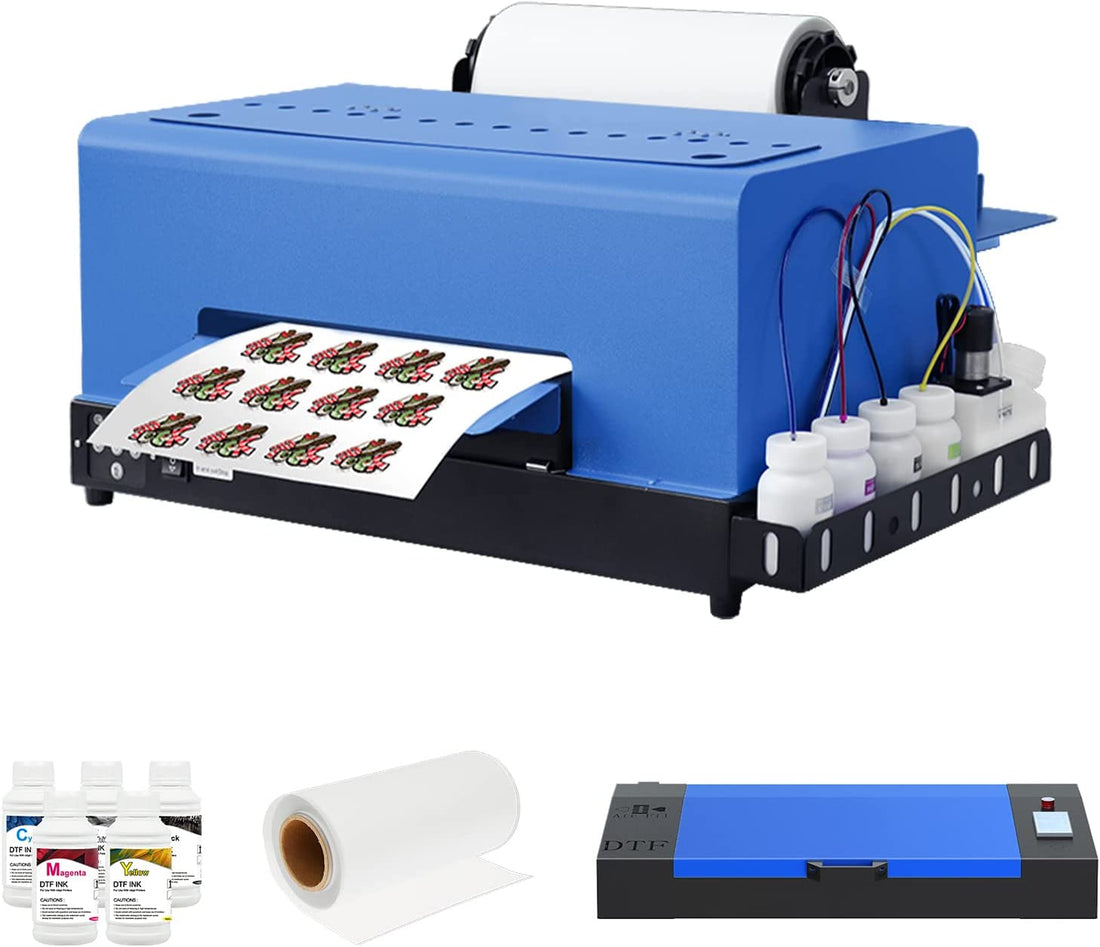Impresora de transferencia DTF XP600 con alimentador de rollos, tamaño A3 para telas, camisetas, almohadas, cuero y prendas oscuras y claras (impresora DTF, horno, 5 cartuchos de tinta de 250 ml y rollo de PET)