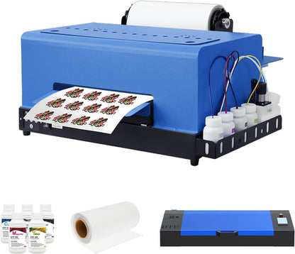 Impresora de transferencia DTF XP600 con alimentador de rollos, tamaño A3 para telas, camisetas, almohadas, cuero y prendas oscuras y claras (impresora DTF, horno, 5 cartuchos de tinta de 250 ml y rollo de PET)