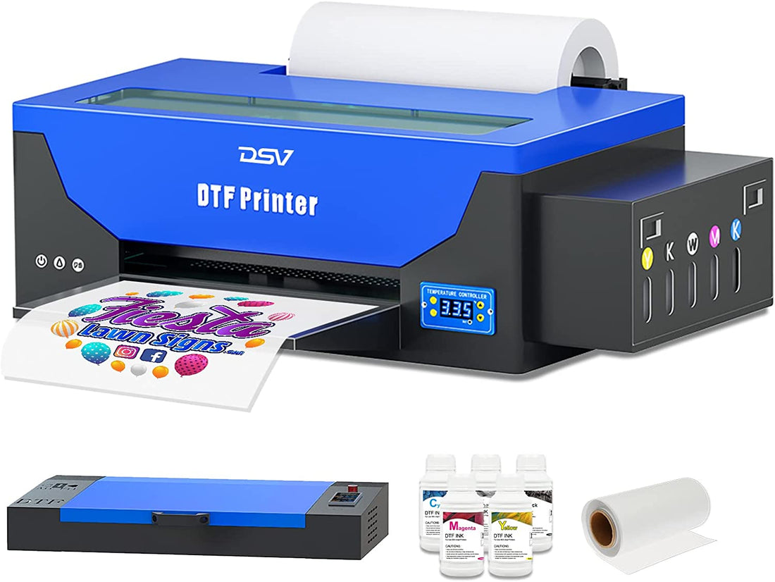 Impresora de transferencia DTF DSV L1800 con alimentador de rollo y sistema de circulación de tinta blanca integrado. Impresora DTF A3 para impresión DIY en telas oscuras y claras (impresora DTF + horno + 5 x 250 ml de tinta + película PET de 100 m).