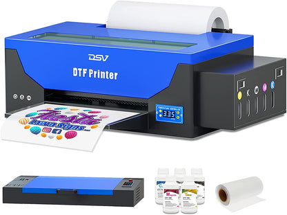 Impresora de transferencia DTF DSV L1800 con alimentador de rollo y sistema de circulación de tinta blanca integrado. Impresora DTF A3 para impresión DIY en telas oscuras y claras (impresora DTF + horno + 5 x 250 ml de tinta + película PET de 100 m).