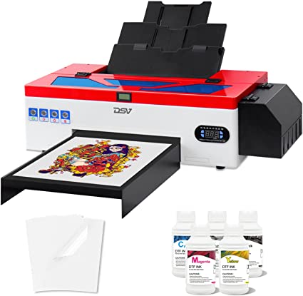 Impresora de transferencia DSV DTF A3 L1800 con sistema de circulación de tinta blanca integrado para camisetas oscuras/claras, sudaderas, almohadas y diferentes tejidos (impresora DTF + 5 cartuchos de tinta de 250 ml + 100 películas PET) 