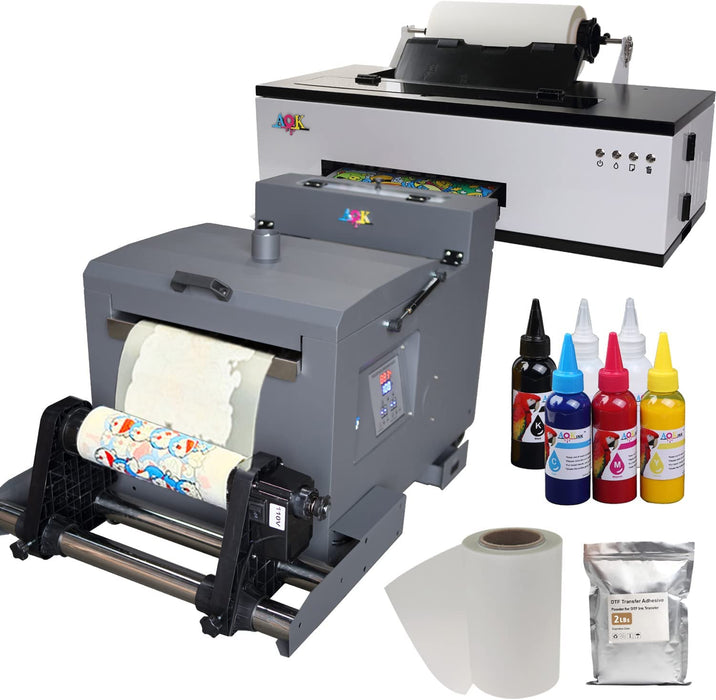 Impresora DTF continua A3 y sistema de agitación de tinta blanca L1800 con agitador de polvo para telas, cuero, juguetes, trajes de baño, artesanías, camisetas y otros materiales (6 cartuchos de tinta de 100 ml + 1 rollo de película + polvo) 