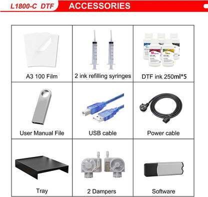 Impresora de transferencia DSV DTF A3 L1800 con sistema de circulación de tinta blanca integrado para camisetas oscuras/claras, sudaderas, almohadas y diferentes tejidos (impresora DTF + 5 cartuchos de tinta de 250 ml + 100 películas PET) 