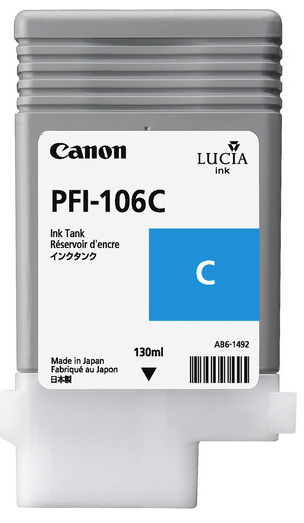 Tanque de tinta cian Canon PFI-106C (130 ml) para imagePROGRAF iPF6300, iPF6300S, iPF6350, iPF6400, iPF6400S, iPF6450 - 6622B001AA