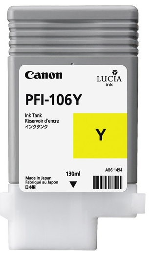 Depósito de tinta amarilla Canon PFI-106Y (130 ml) para imagePROGRAF iPF6300, iPF6300S, iPF6350, iPF6400, iPF6400S, iPF6450 - 6624B001AA