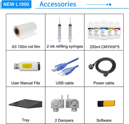 Impresora de transferencia DTF DSV L1800 con alimentador de rollo y sistema de circulación de tinta blanca integrado. Impresora DTF A3 para impresión DIY en telas oscuras y claras (impresora DTF + horno + 5 x 250 ml de tinta + película PET de 100 m).