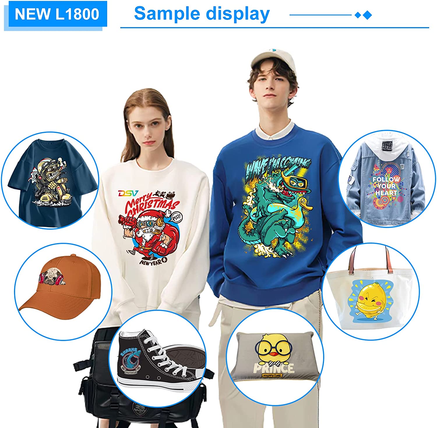 Impresora de transferencia DTF DSV L1800 con alimentador de rollo y sistema de circulación de tinta blanca integrado. Impresora DTF A3 para impresión DIY en telas oscuras y claras (impresora DTF + horno + 5 x 250 ml de tinta + película PET de 100 m).