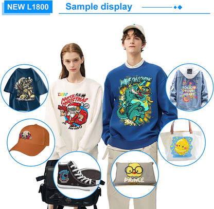 Impresora de transferencia DTF DSV L1800 con alimentador de rollo y sistema de circulación de tinta blanca integrado. Impresora DTF A3 para impresión DIY en telas oscuras y claras (impresora DTF + horno + 5 x 250 ml de tinta + película PET de 100 m).