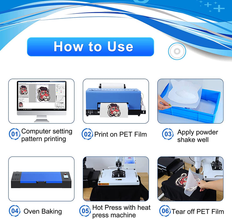 Impresora de transferencia DTF XP600 con alimentador de rollos, tamaño A3 para telas, camisetas, almohadas, cuero y prendas oscuras y claras (impresora DTF, horno, 5 cartuchos de tinta de 250 ml y rollo de PET)