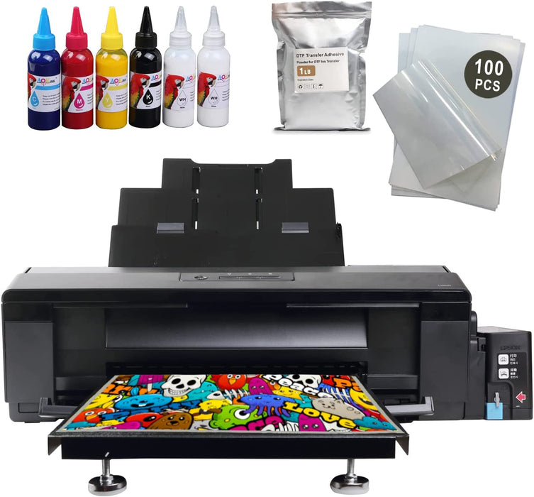 Impresora DTF para camisetas A3+ L1800 para telas, cuero, juguetes, trajes de baño, artesanías, camisetas, almohadas e impresiones DIY (impresora DTF + 6 tintas de 100 ml + 100 películas PET) - Negra
