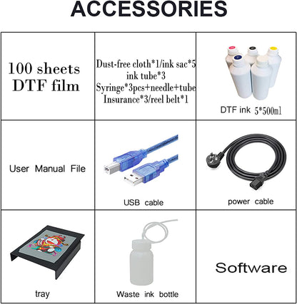 Impresora de transferencia DTF PUNEHOD A3 L1800 para camisetas, telas, cuero, juguetes, trajes de baño, artesanías, camisetas, almohadas y otros textiles. (Impresora DTF + Horno + 6 cartuchos de tinta de 250 ml)
