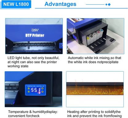 Impresora de transferencia DTF DSV L1800 con alimentador de rollo y sistema de circulación de tinta blanca integrado. Impresora DTF A3 para impresión DIY en telas oscuras y claras (impresora DTF + horno + 5 x 250 ml de tinta + película PET de 100 m).