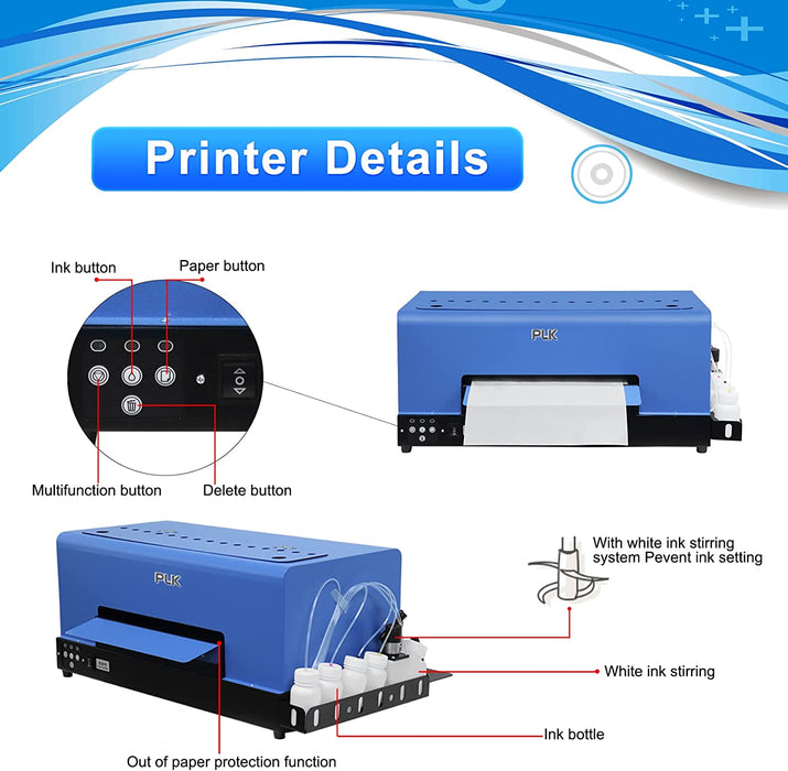 Impresora de transferencia DTF XP600 con alimentador de rollos, tamaño A3 para telas, camisetas, almohadas, cuero y prendas oscuras y claras (impresora DTF, horno, 5 cartuchos de tinta de 250 ml y rollo de PET)
