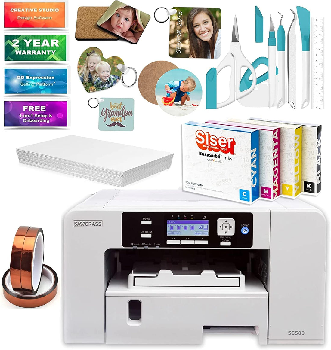 Impresora de sublimación Sawgrass Virtuoso SG500: incluye tintas EASYSUBLI, 330 hojas de papel Sublimax, 3 cintas, funda protectora, juego de 7 herramientas para manualidades y 10 plantillas de sublimación (SG500 para usuarios de Siser) 