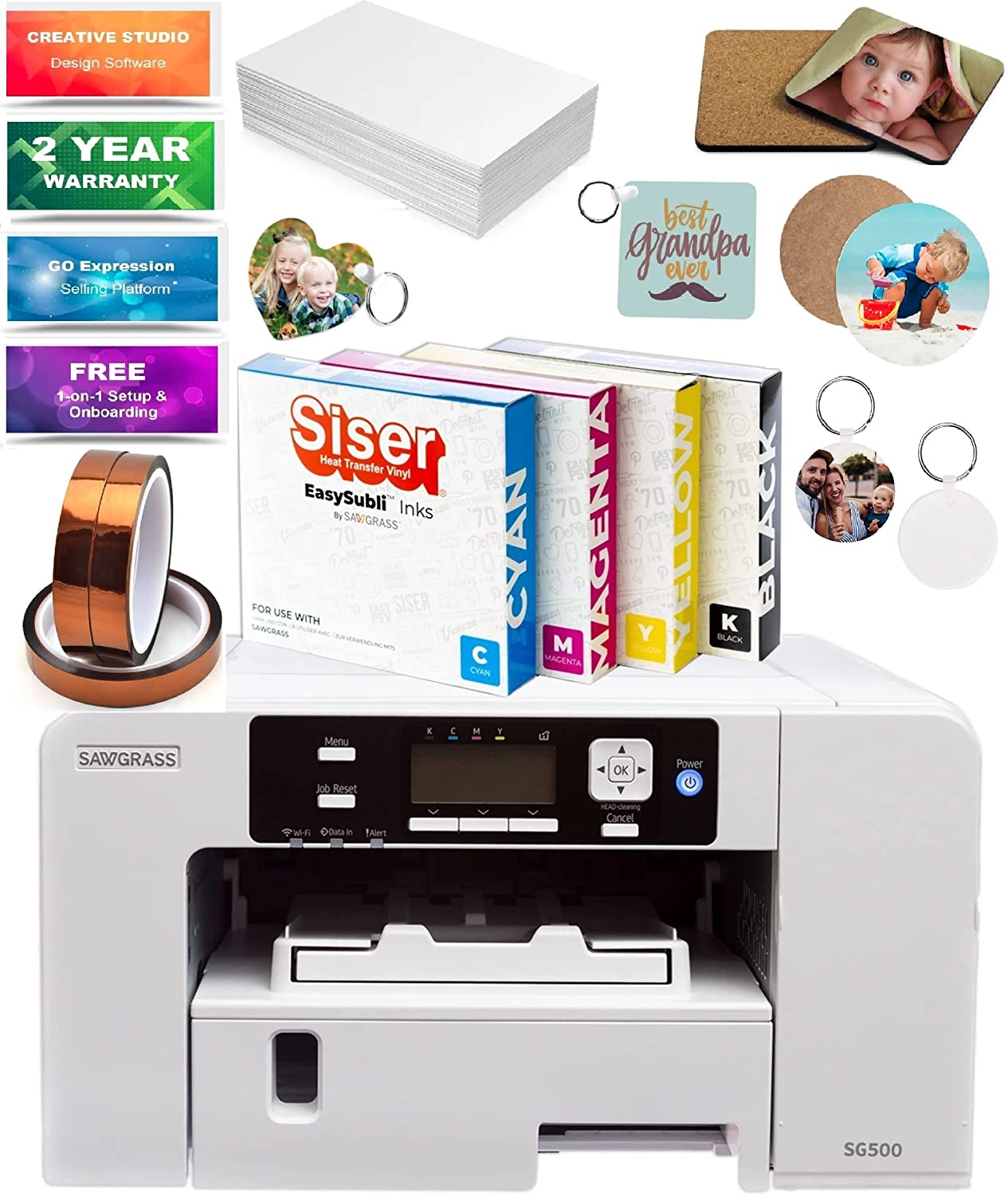 Impresora de sublimación Sawgrass SG500: incluye tintas EASYSUBLI, 220 hojas de papel Sublimax, 3 cintas, 10 hojas de sublimación en blanco y software Creative Studio (SG500 Easy Subli para usuarios de Siser)