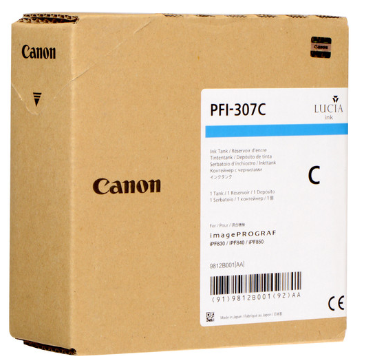 Tanque de tinta cian Canon PFI-307C (330 ml) para imagePROGRAF iPF830, iPF840, iPF850 - 9812B001AA
